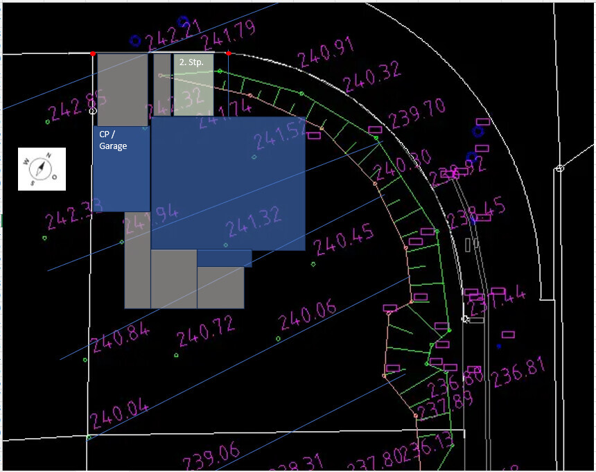 CAD floor plan with blue building sections, compass, labels ‘CP / Garage’ and ‘2nd level’.