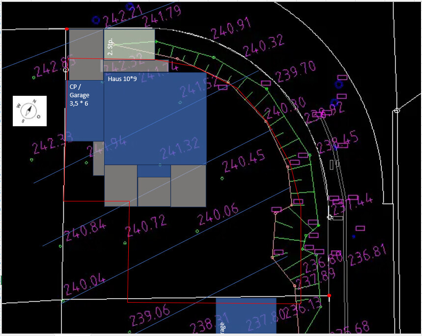 CAD plan of a building plot: blue building area, boundary lines, and dimensions.