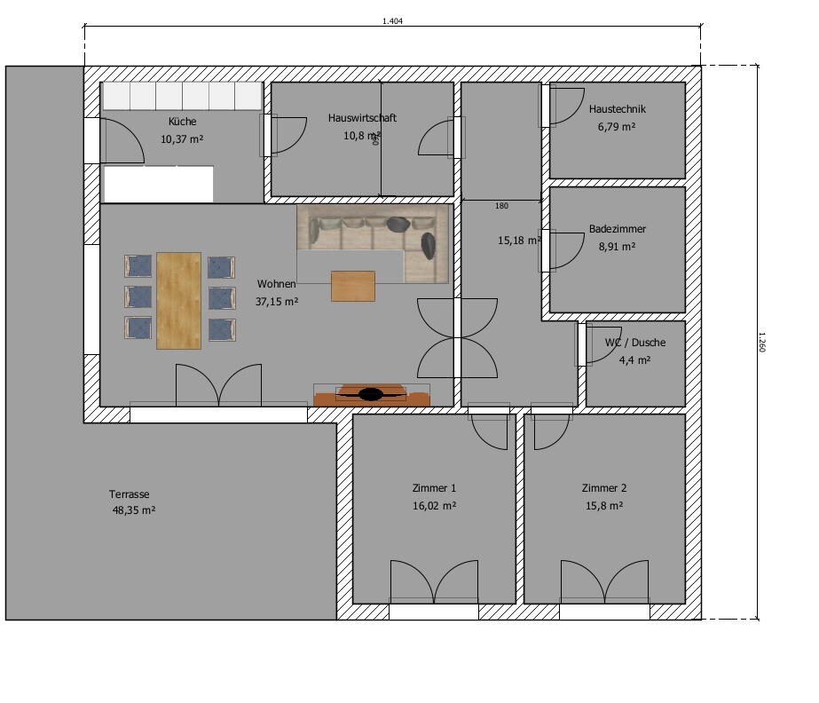 Floor plan of a house: kitchen, living room, terrace, two rooms, bathroom, utility room.