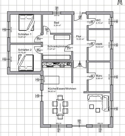 Grundrissplan eines Hauses mit Wohnbereich, Küche, Essecke, Schlafzimmer, Bad und Flur