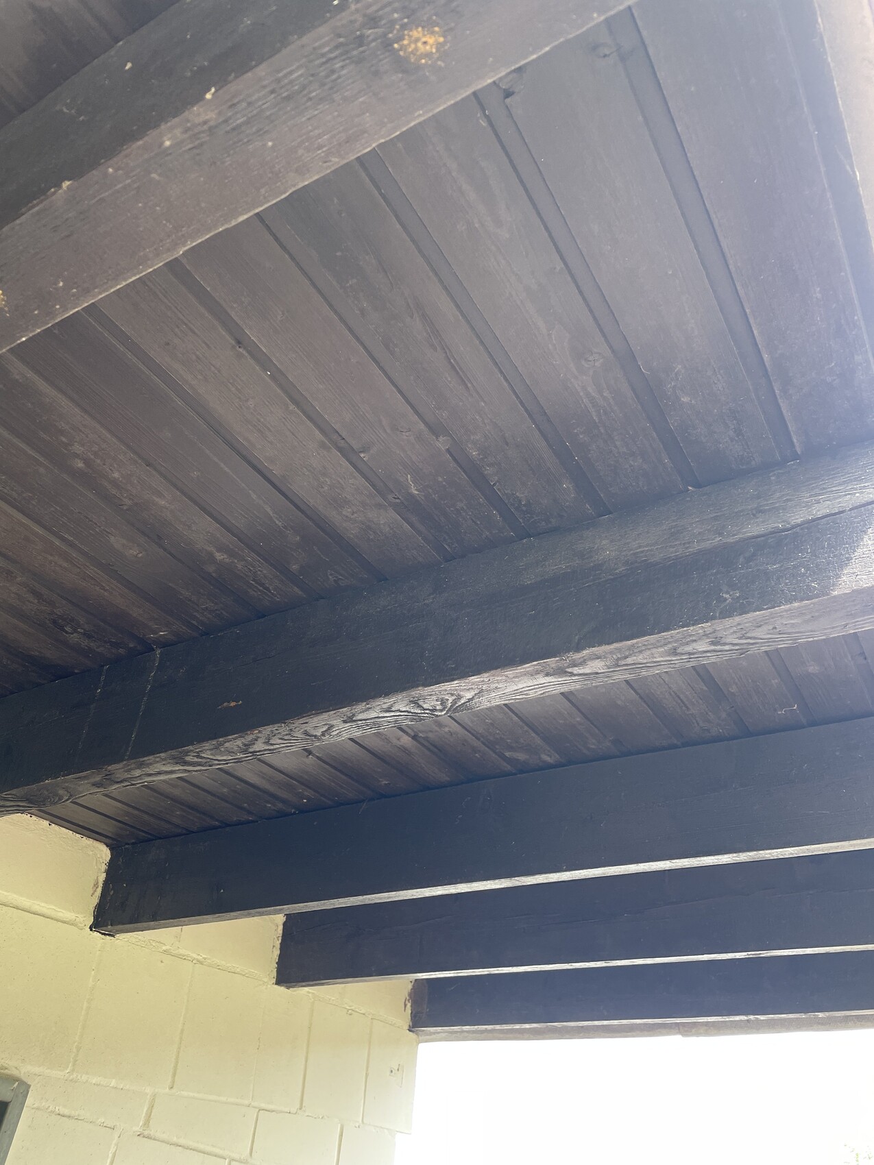 Unterseite eines Holzdaches mit dunklen Balken und Brettern; linke helle Steinwand.