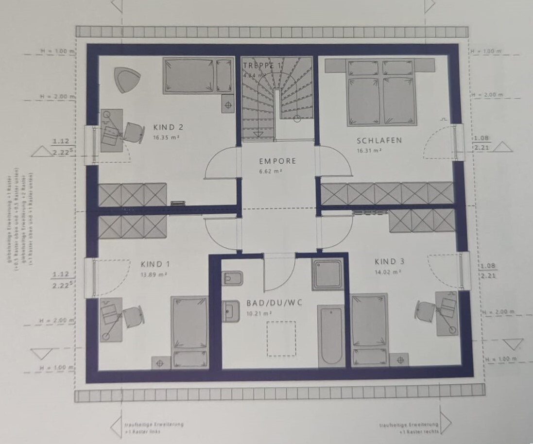 Floor plan of upper level with three children's rooms, bedroom, bathroom, landing, and stairs