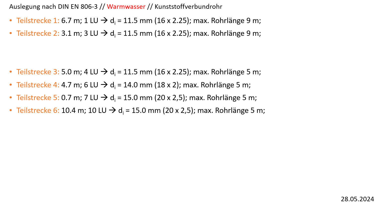 Hot water piping according to DIN EN 806-3; sections 1-6 with lengths and inner diameters.