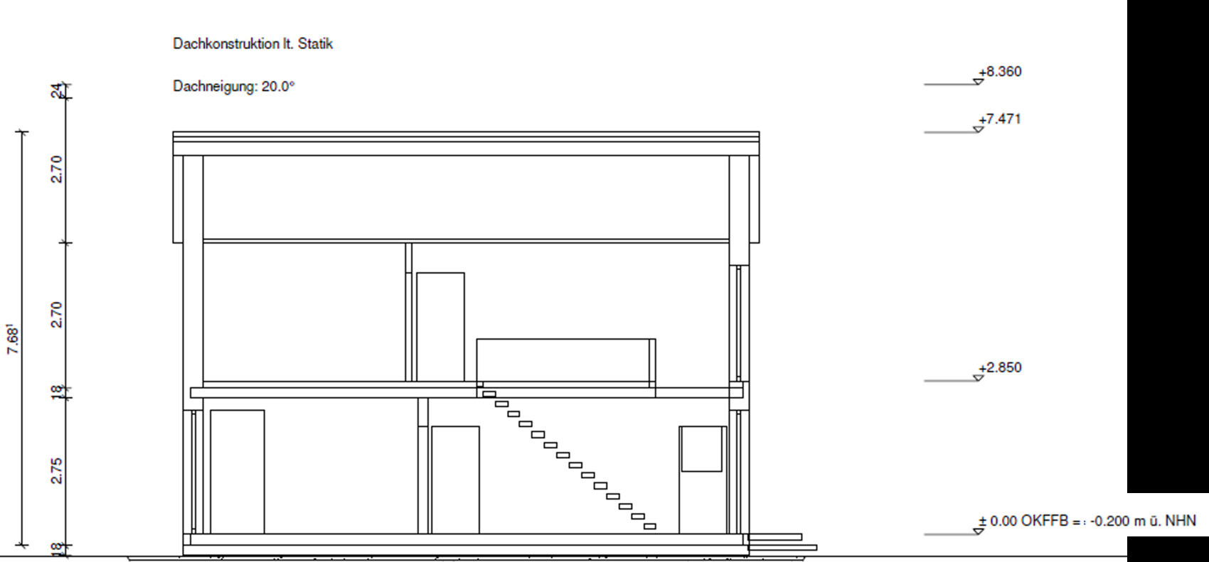 Section through a multi-story building with roof structure, interior rooms, staircase, and dimensions.