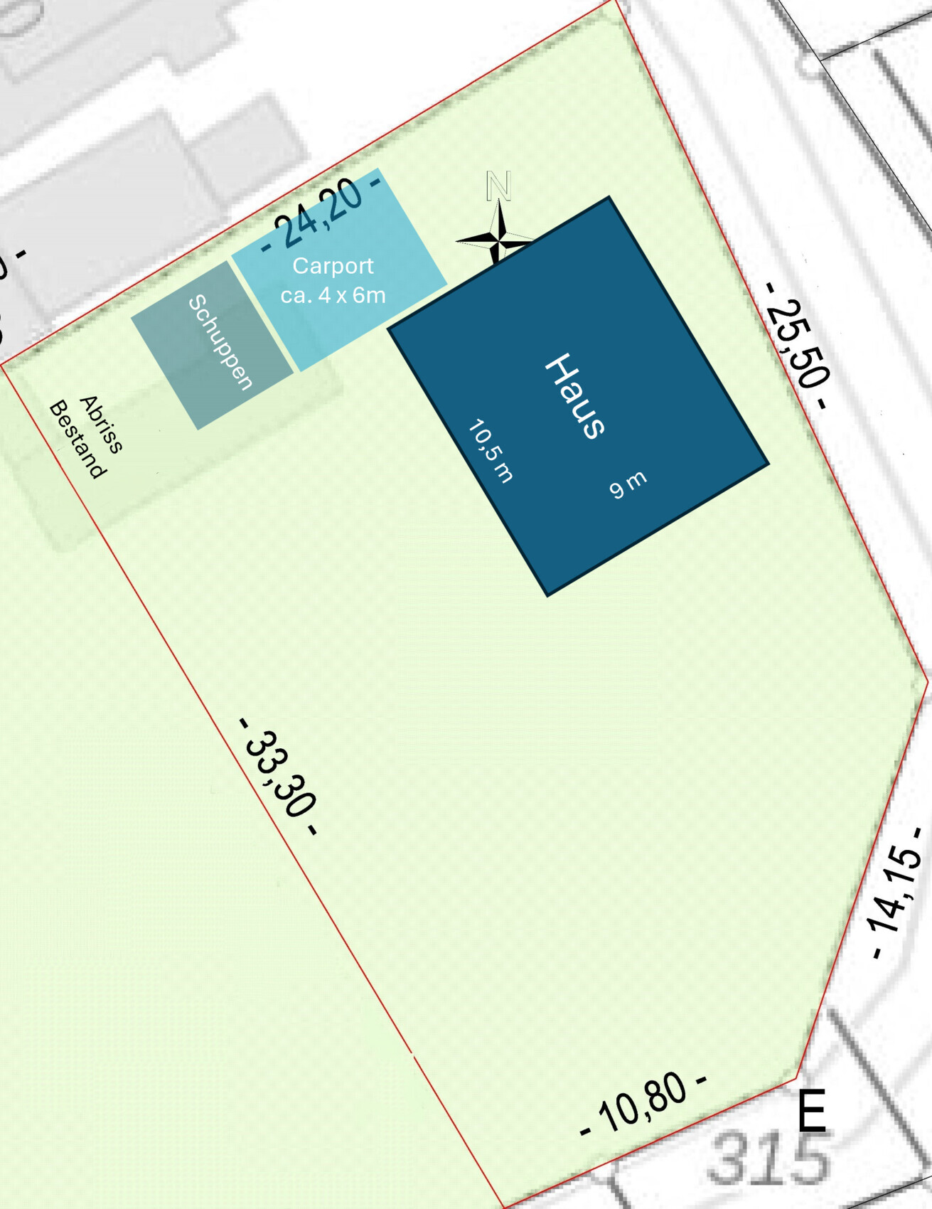 Site plan: house (10.5x9 m) with carport (4x6 m) and shed; north orientation.