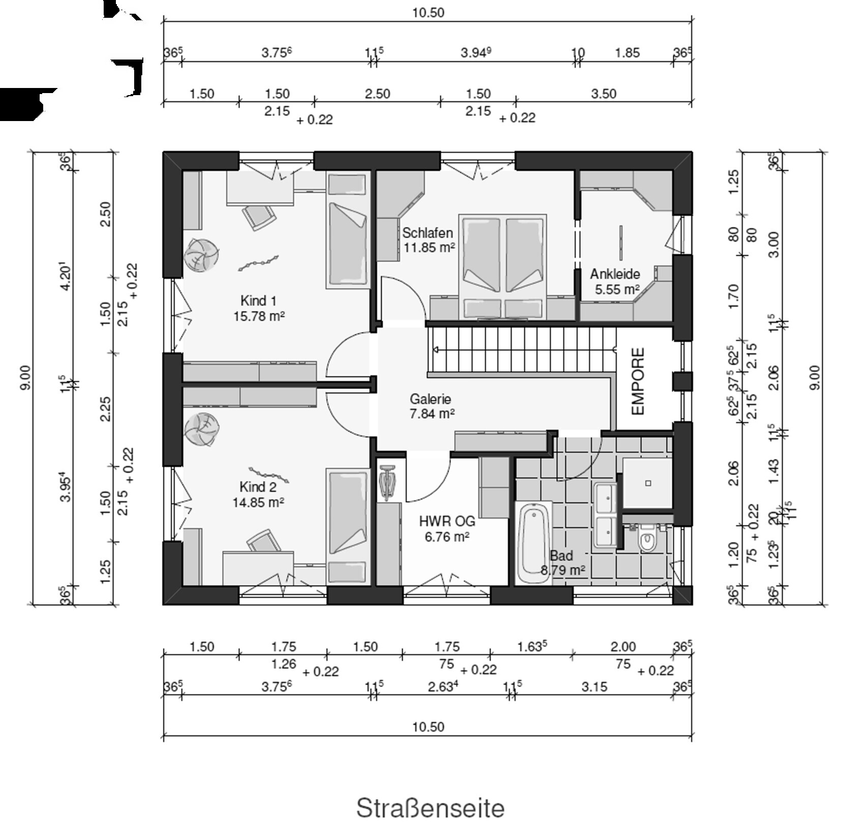 Upper floor plan: bedroom, walk-in closet, gallery, child 1, child 2, utility room upstairs, bathroom, landing.