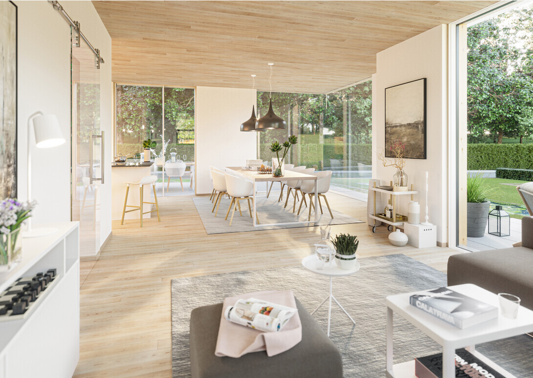 Open living and dining area with glass fronts, light wooden floor, and modern furnishings.
