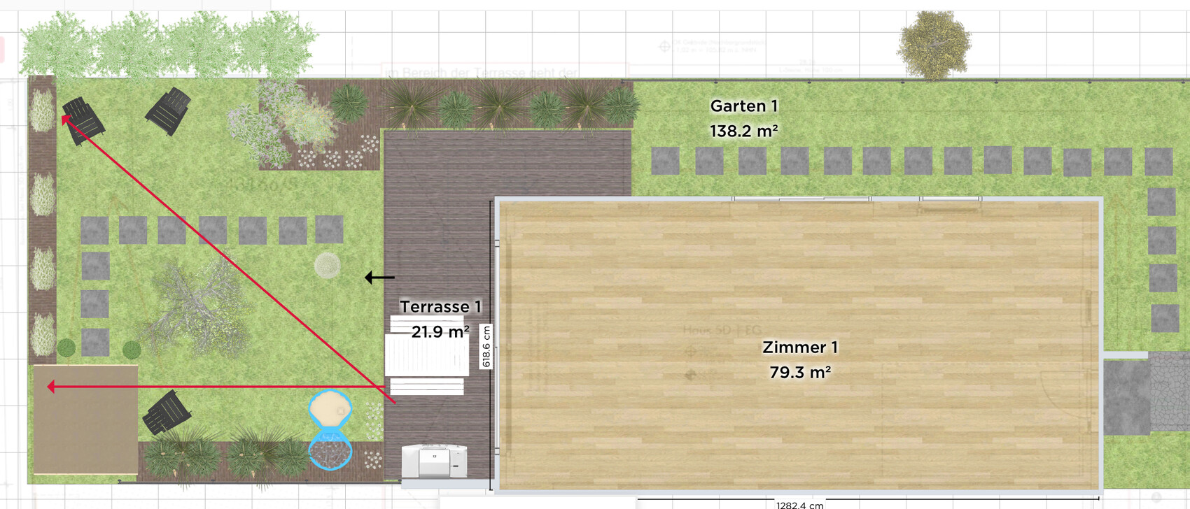 Top view floor plan: garden with terrace, seating, flower beds, room 1 inside.