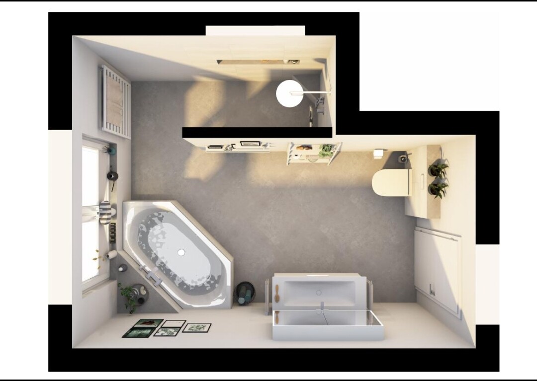 Top view of bathroom floor plan: bathtub, sink, toilet.