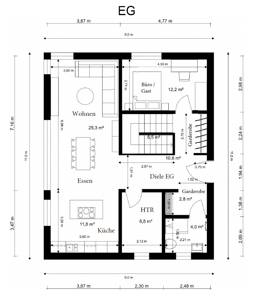 Grundriss Erdgeschoss eines Hauses mit Wohnzimmer, Küche und Büro