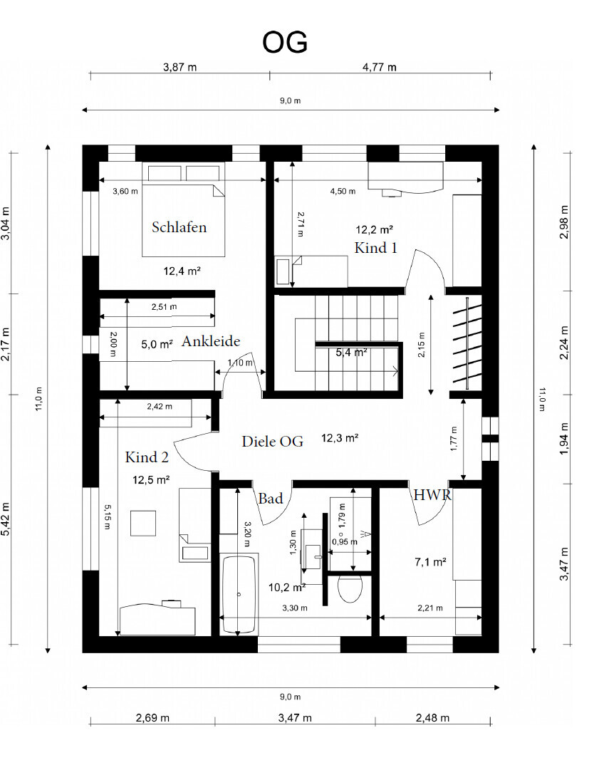 Grundriss OG: Schlafzimmer, Ankleide, Kind 1, Kind 2, Bad, HWR, Diele.
