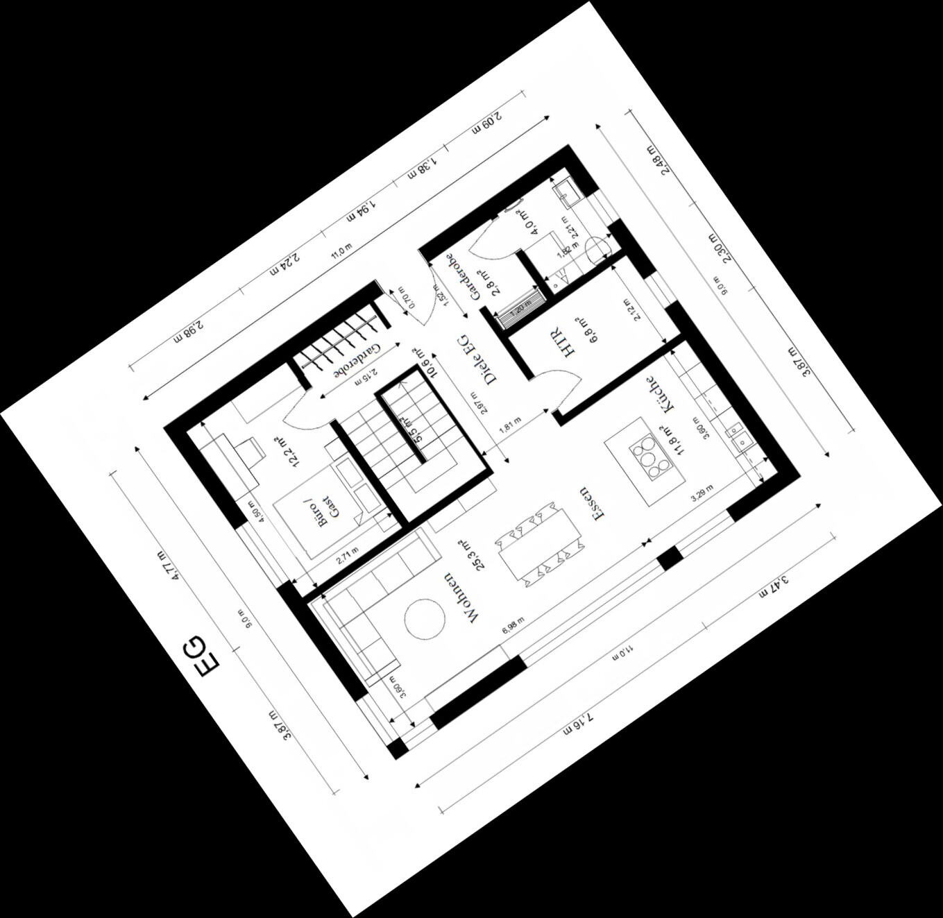 Rotated floor plan of a house with living room, kitchen, and dining area on a drawing