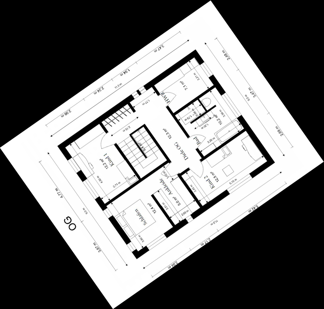Floor plan of a house attic with staircase, interior walls, and dimension lines.
