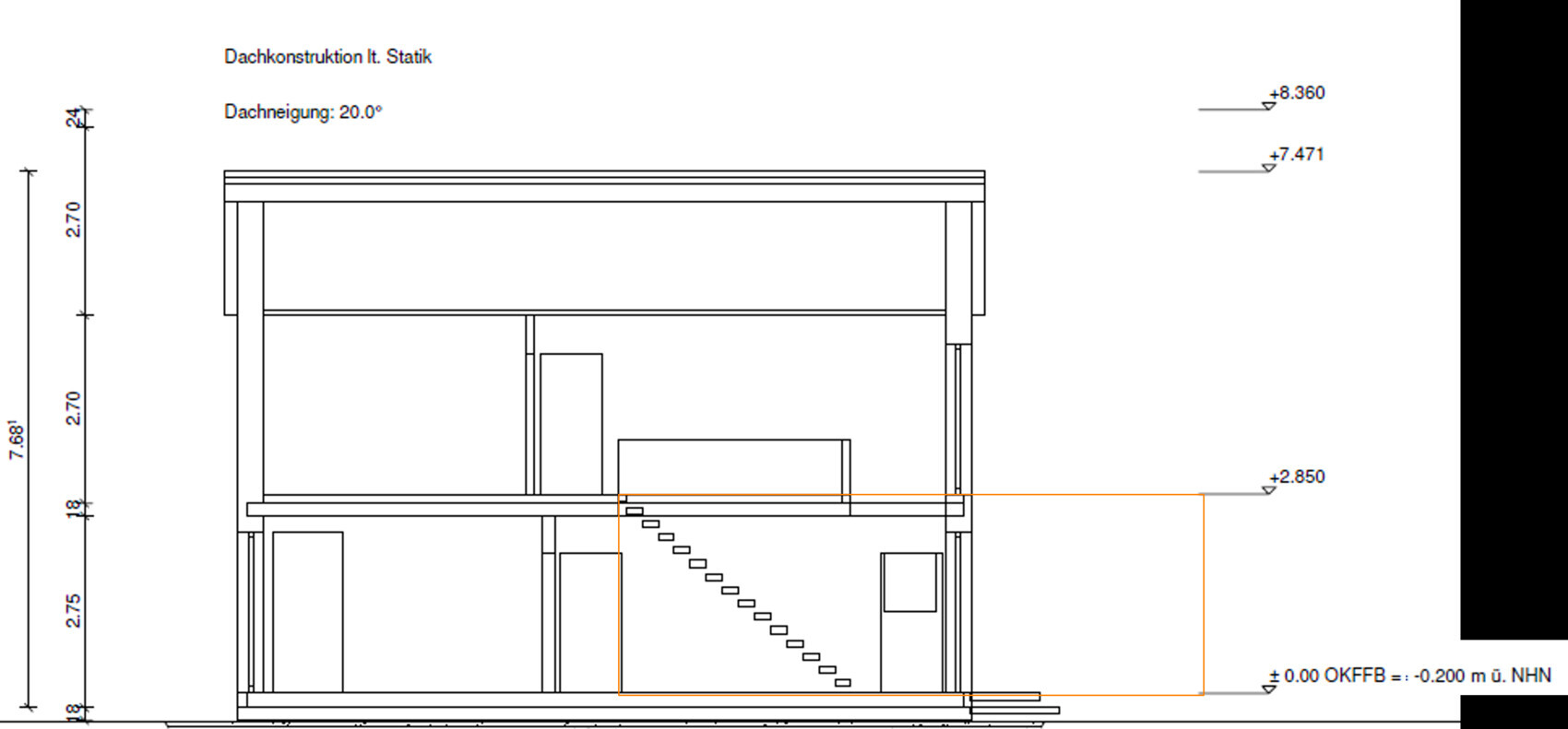Cross-section of a house with roof structure, dimensions, and roof pitch 20°.