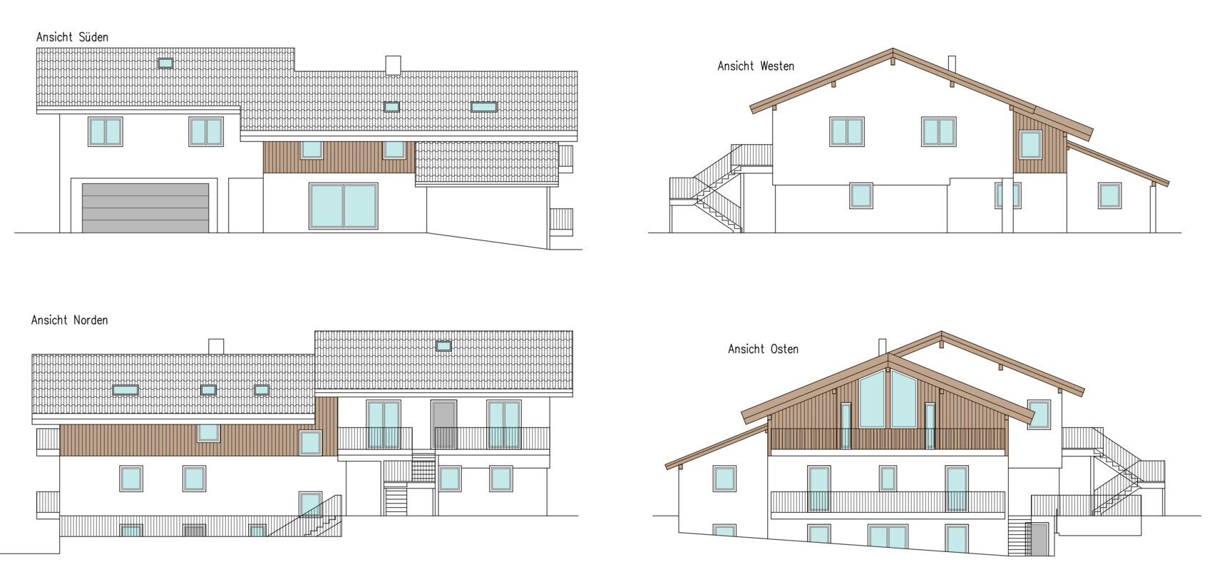 Vier Ansichten eines modernen Hauses (Süd, West, Nord, Ost) mit Dach und Holzverkleidung.