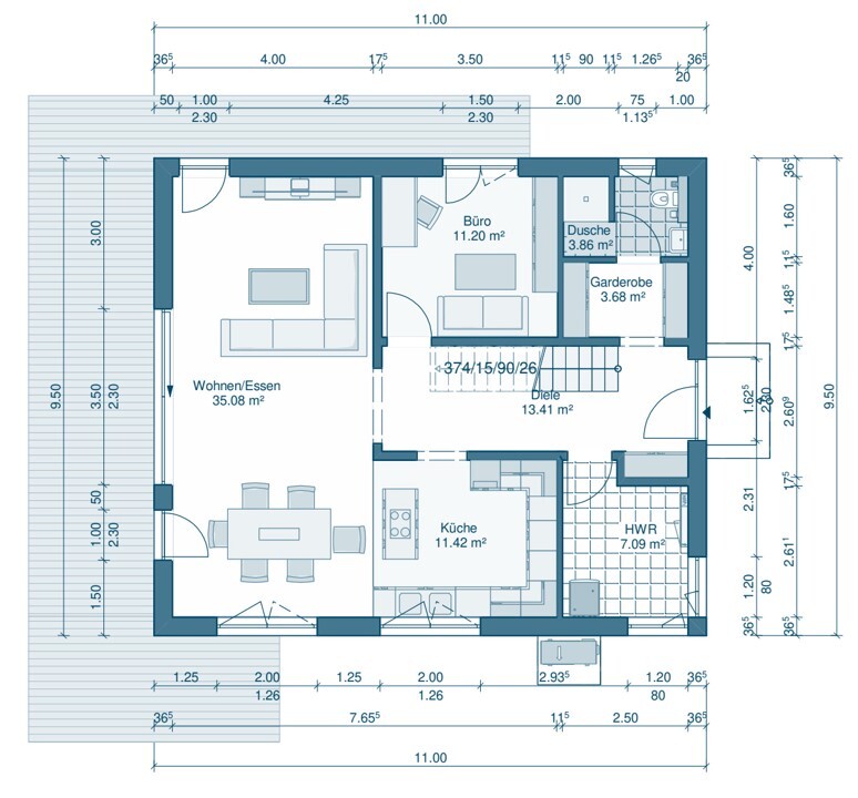 Ground plan of a house with living/dining area, kitchen, office, hallway, utility room, shower, and wardrobe.