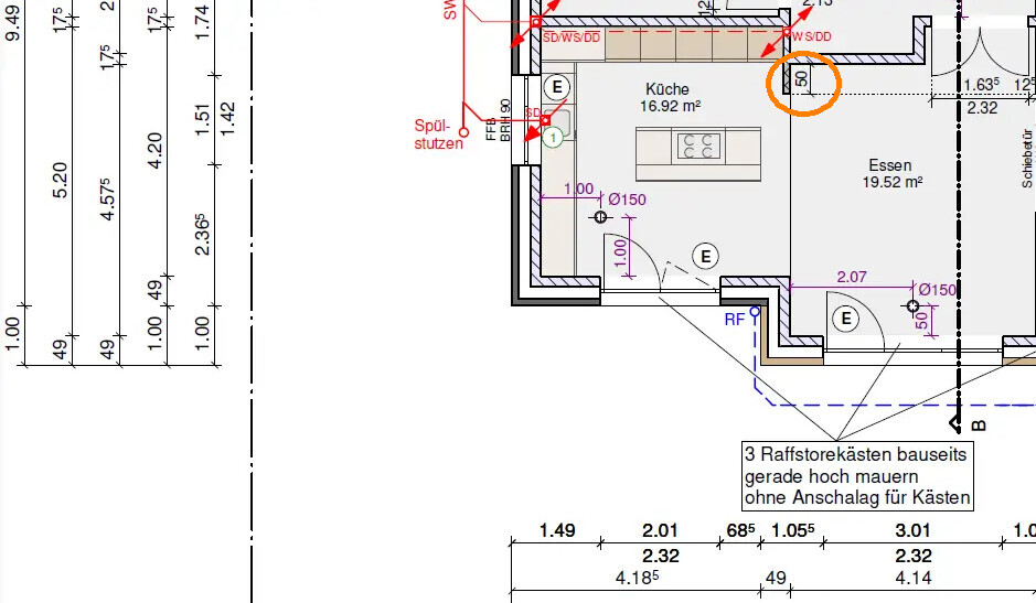 Floor plan of a kitchen and dining area with measurements; orange wall opening marked.