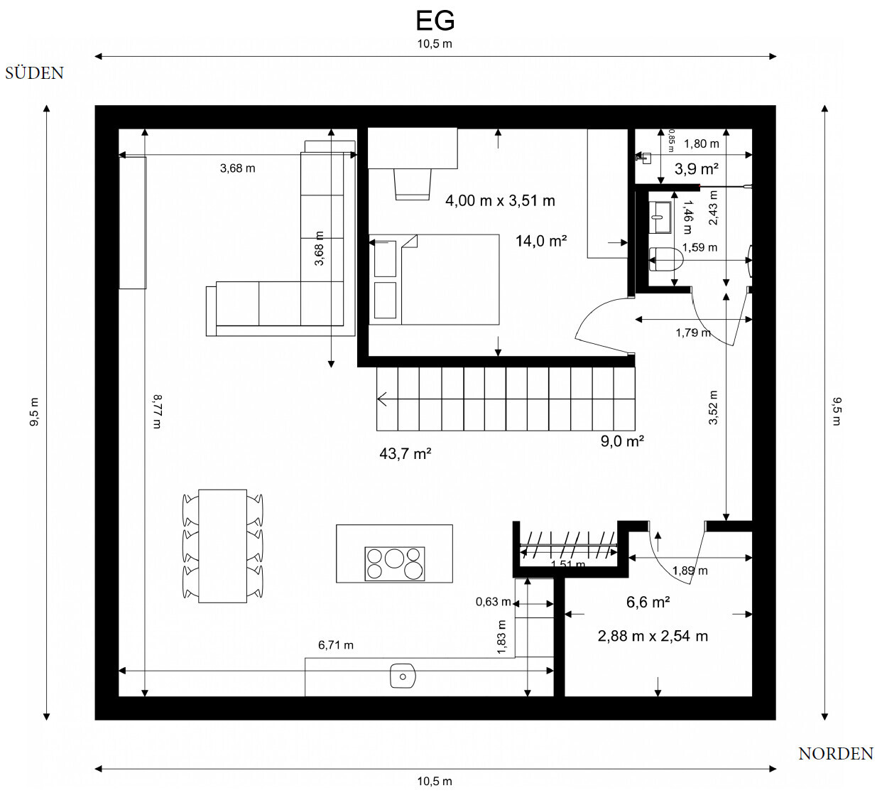 2D floor plan of a house with kitchen, dining area, living room, bedroom, and bathroom