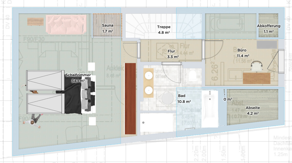 Grundriss einer Wohnung: links Schlafzimmer, rechts Büro, mittleres Bad, Flur, Treppe, Sauna.