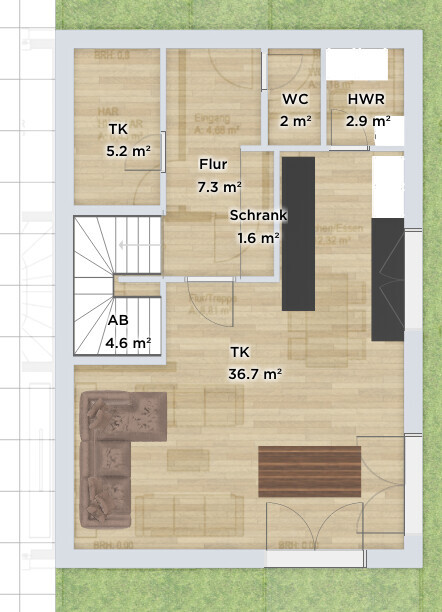 Floor plan of a house: Living room with dining table, kitchen, hallway, WC, utility room, storage, staircase.