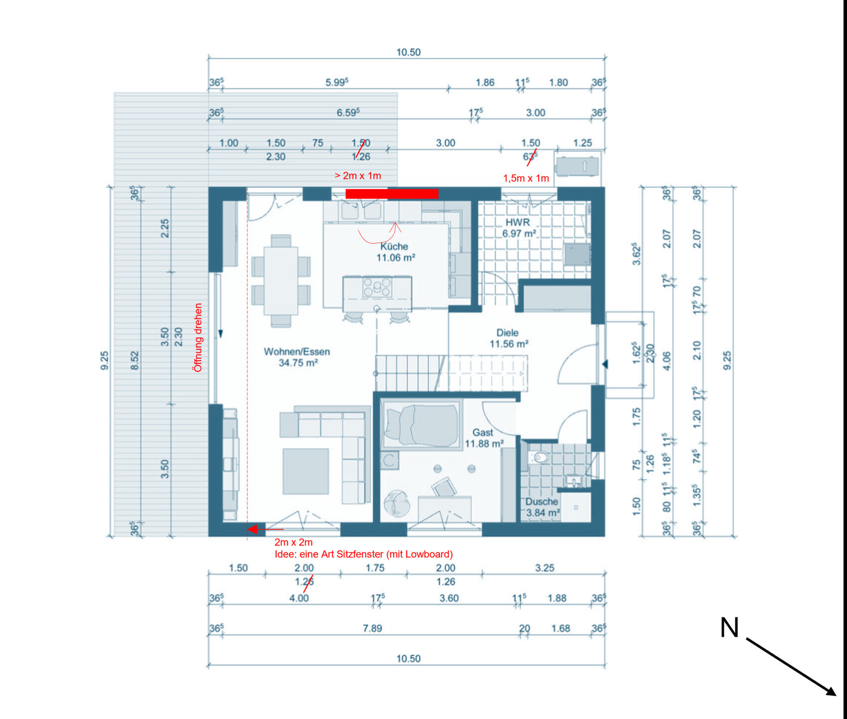 Floor plan of a house with kitchen, living/dining, hallway, guest room, shower and utility room.