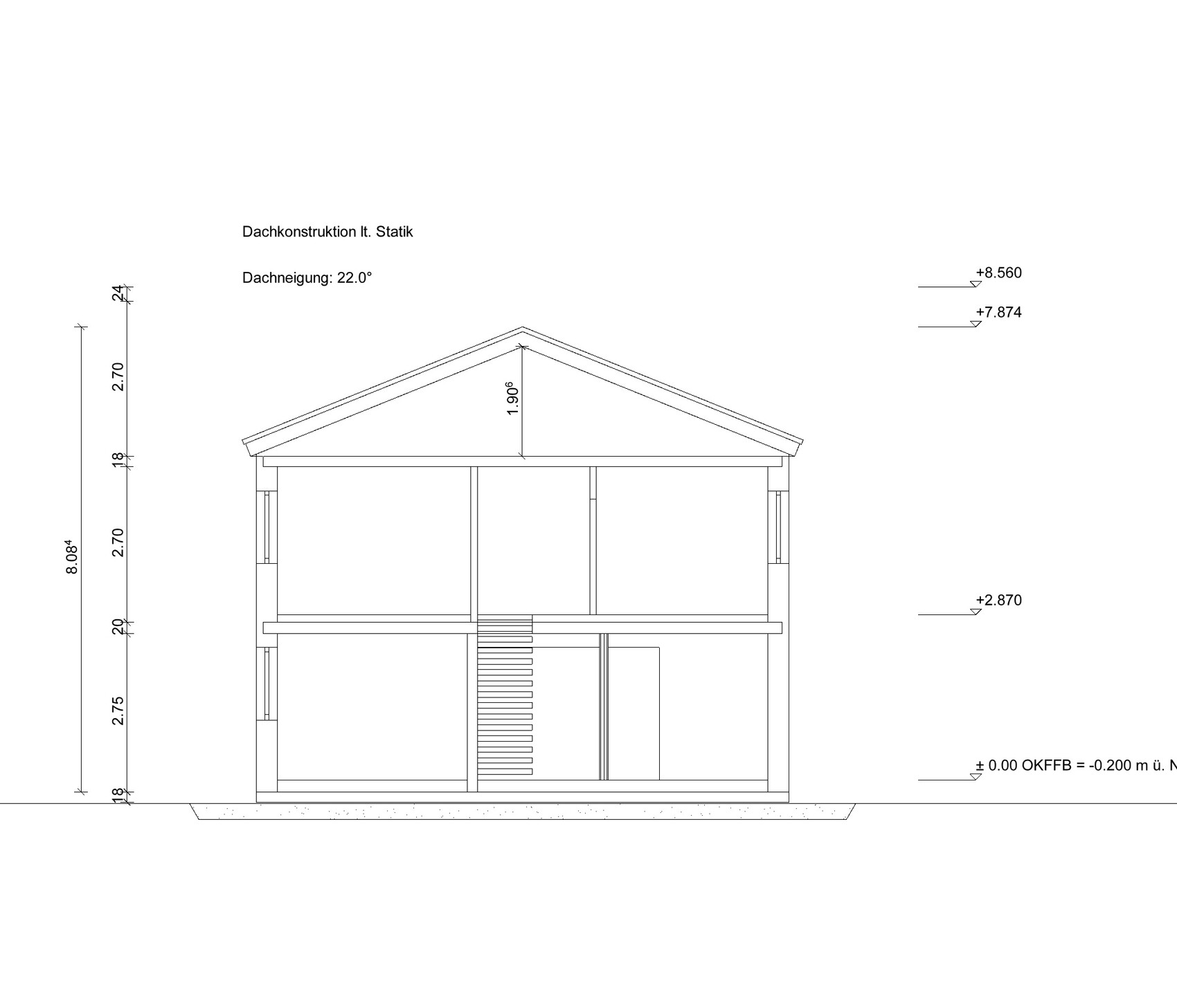 Architectural drawing of a roof structure with a 22-degree slope on the house