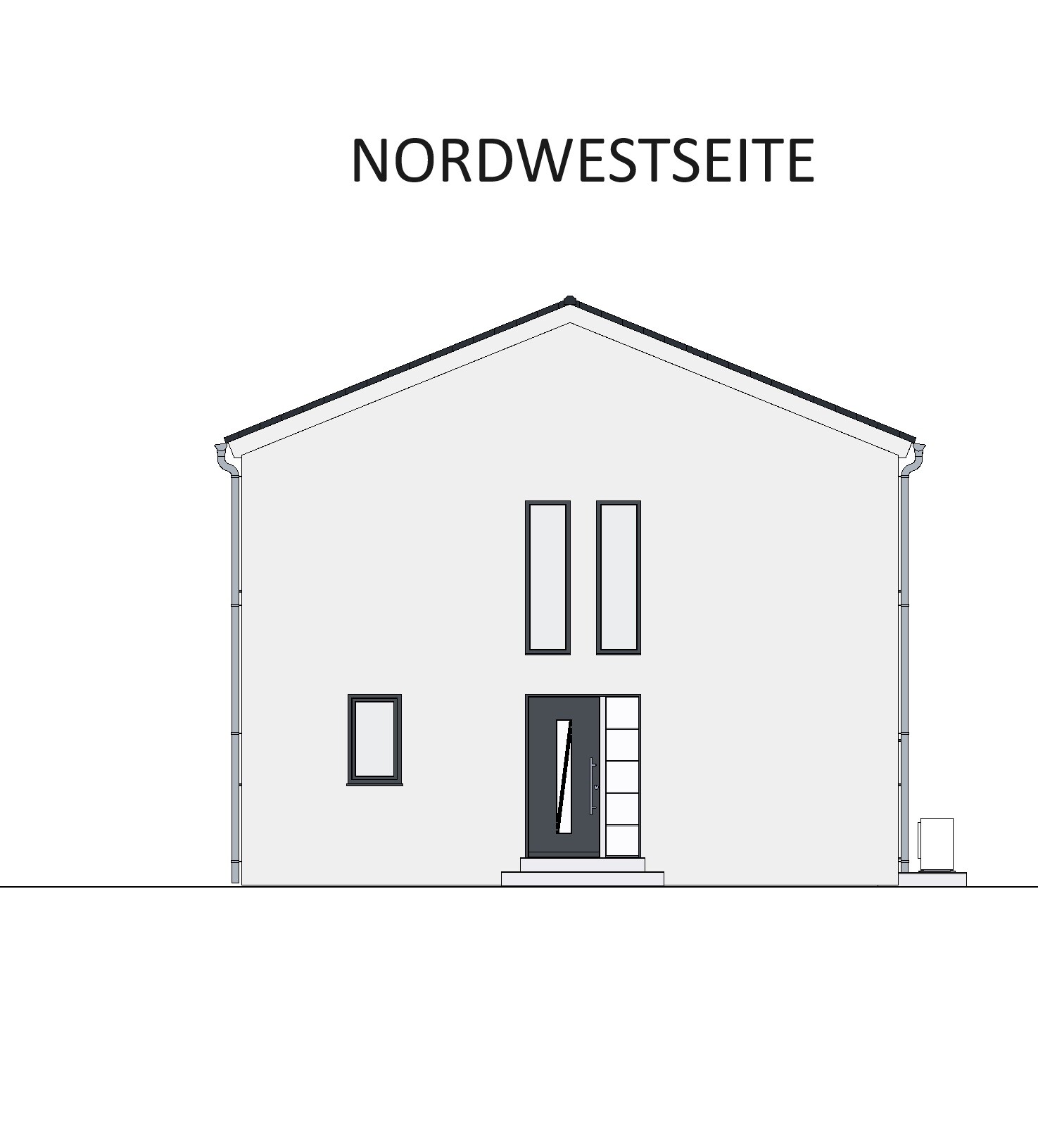 Northwest side of a house: front view with entrance door, steps, and two tall windows.