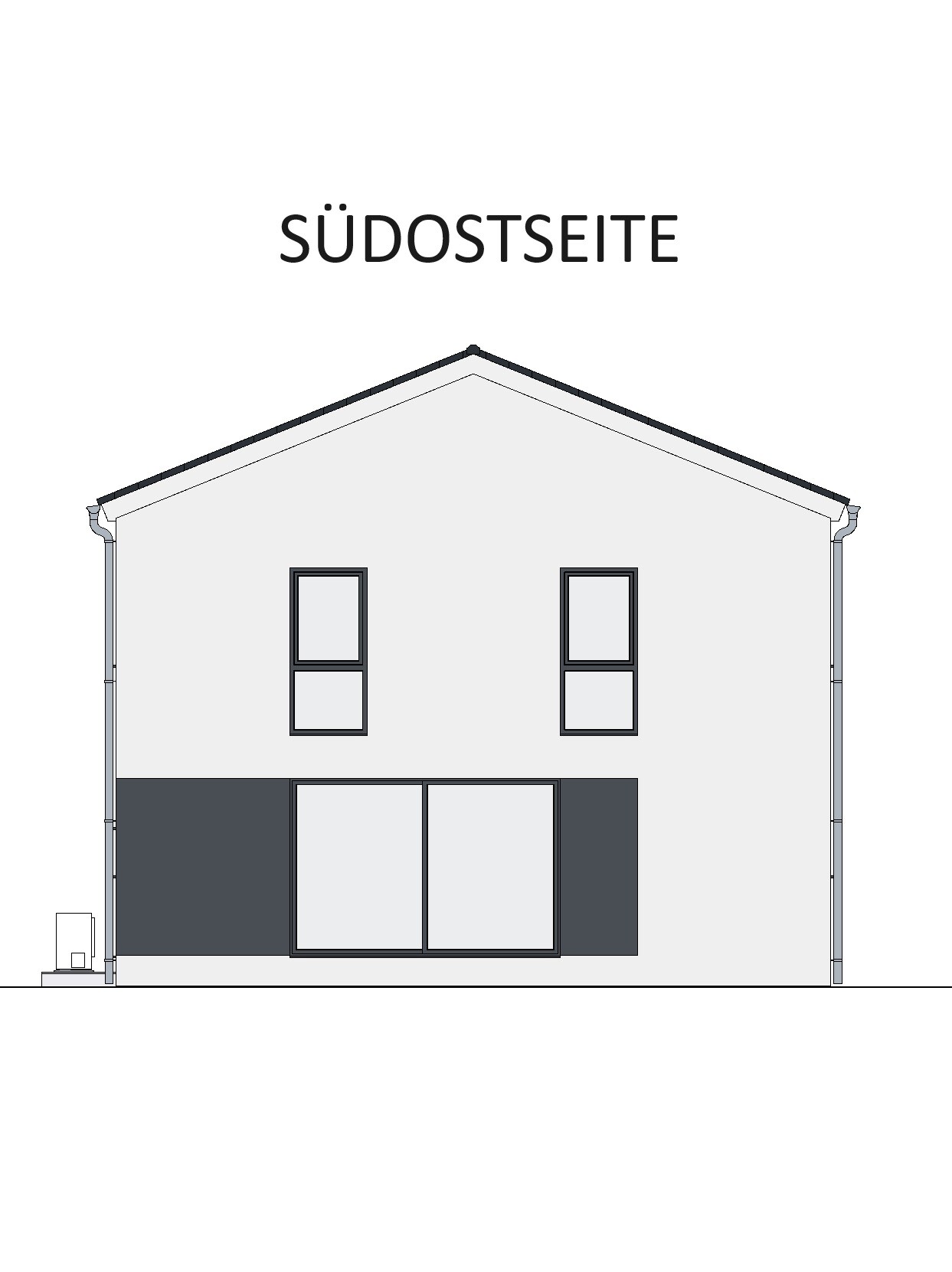 Southeast side of a two-story house with pitched roof, gray facade, and dark windows.