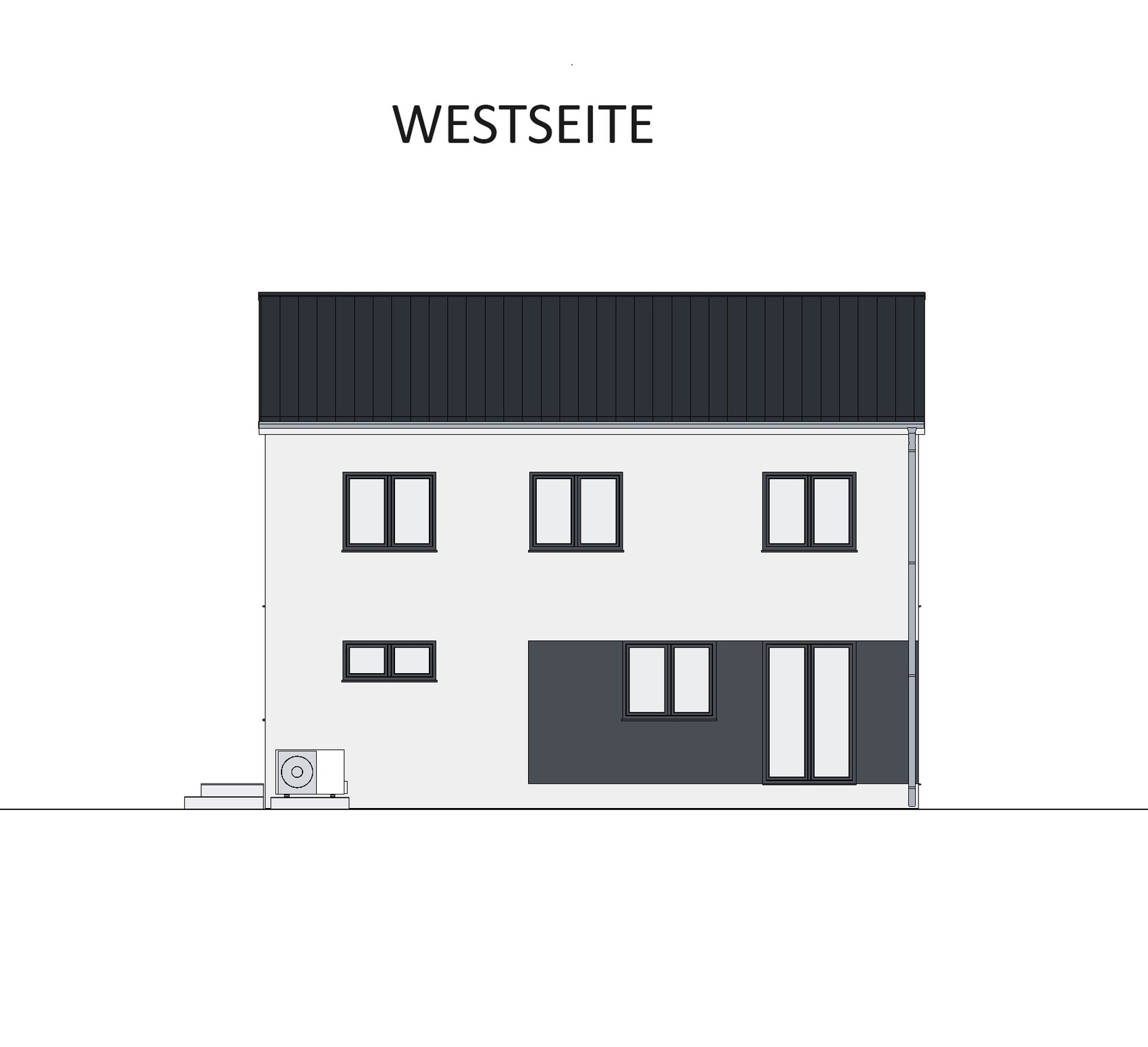 West side of a modern, two-story house with dark roof and gray facade.