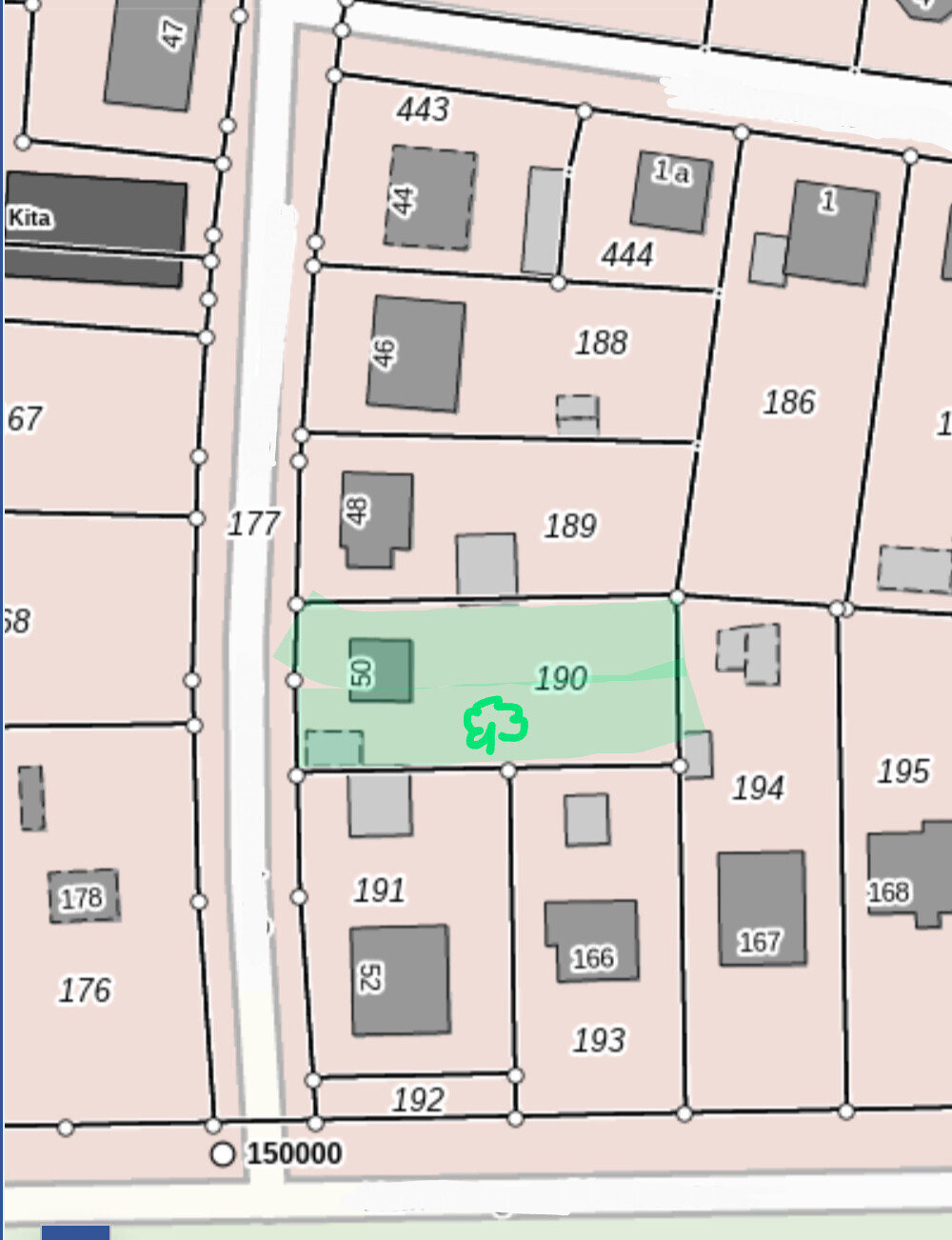 Kartenabschnitt: Parzelle 190 grün markiert mit Baum-Symbol; umliegende Parzellen und Gebäude.