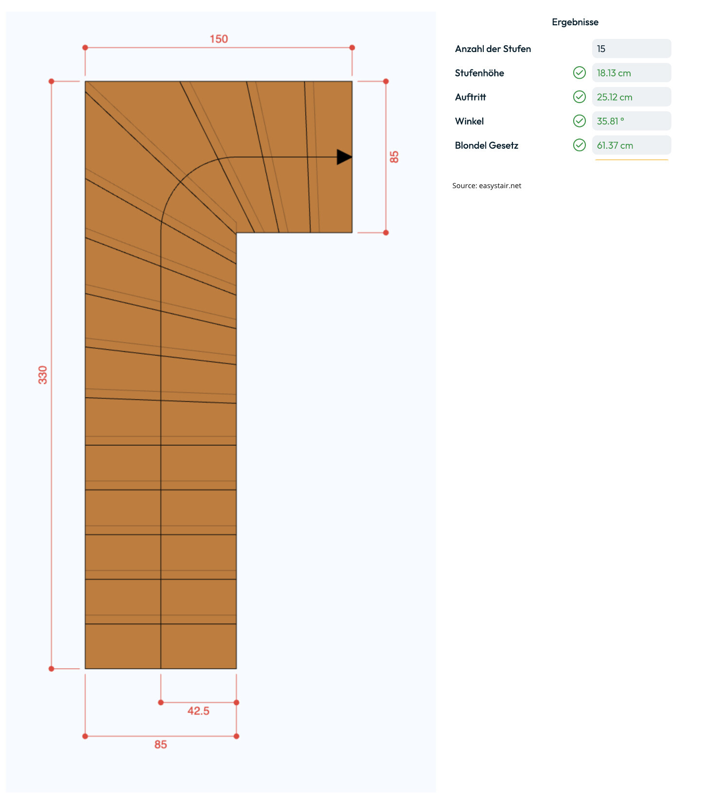 Schematic stair floor plan with dimension lines and step structure.