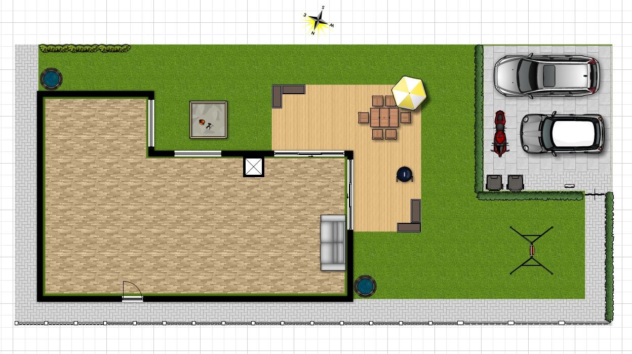 Floor plan of a house with terrace, garden, forecourt, and parking spaces