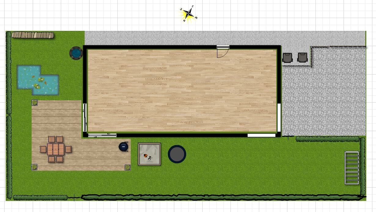 Top view of a house floor plan with garden, terrace, pool, and seating area.
