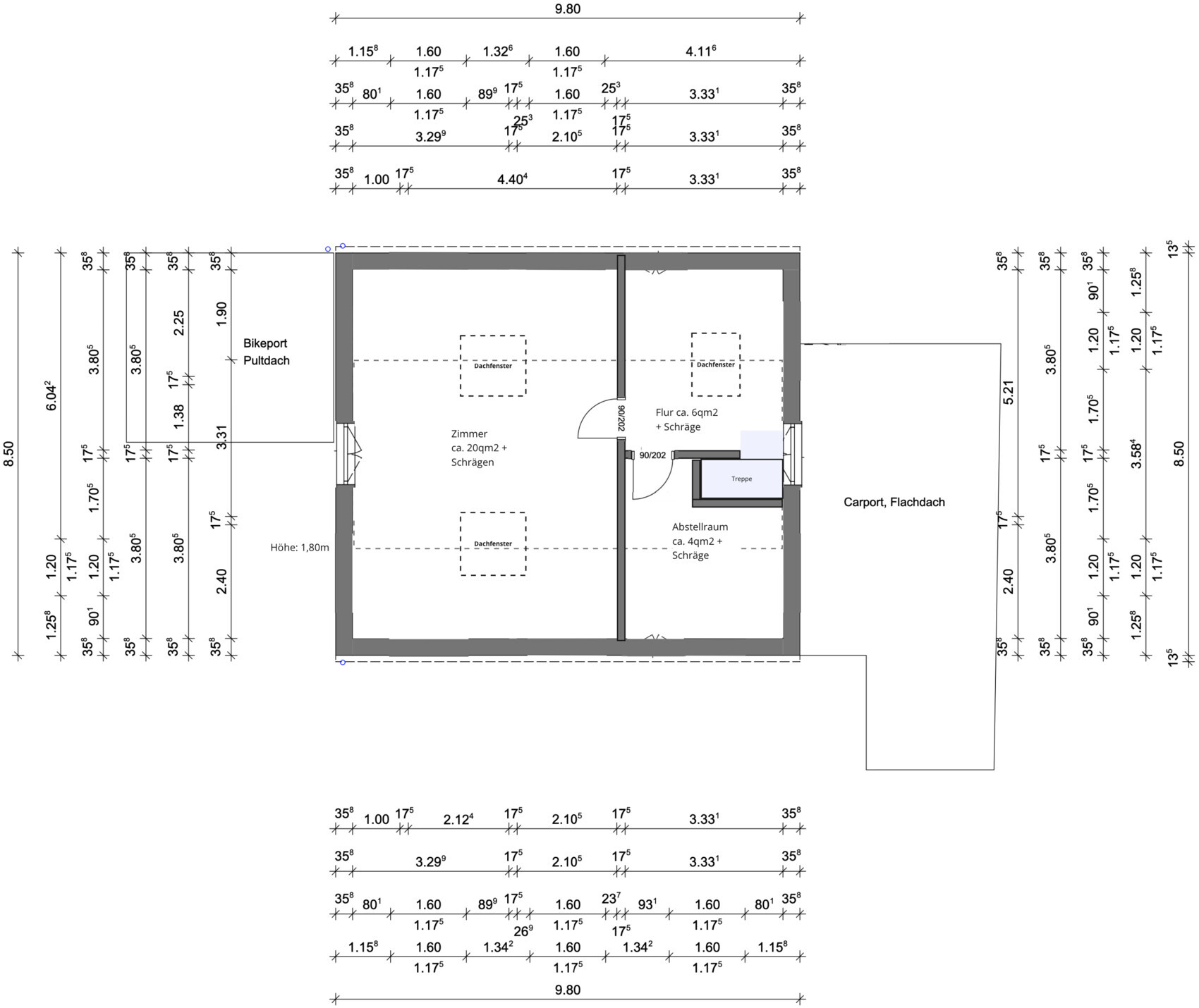 Floor plan: room approx. 20 m² (215 sq ft), roof window, hallway, storage room, staircase; flat roof carport.