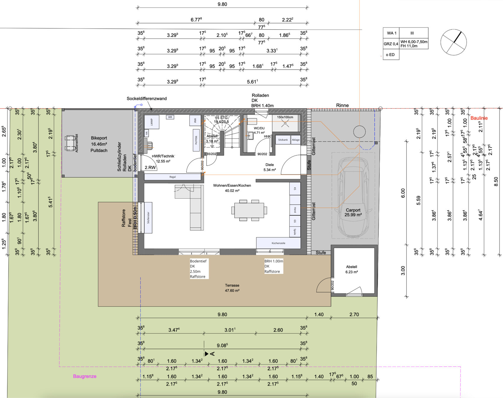 Floor plan of a single-family home with living/dining/kitchen area, terrace, carport, and storage room.