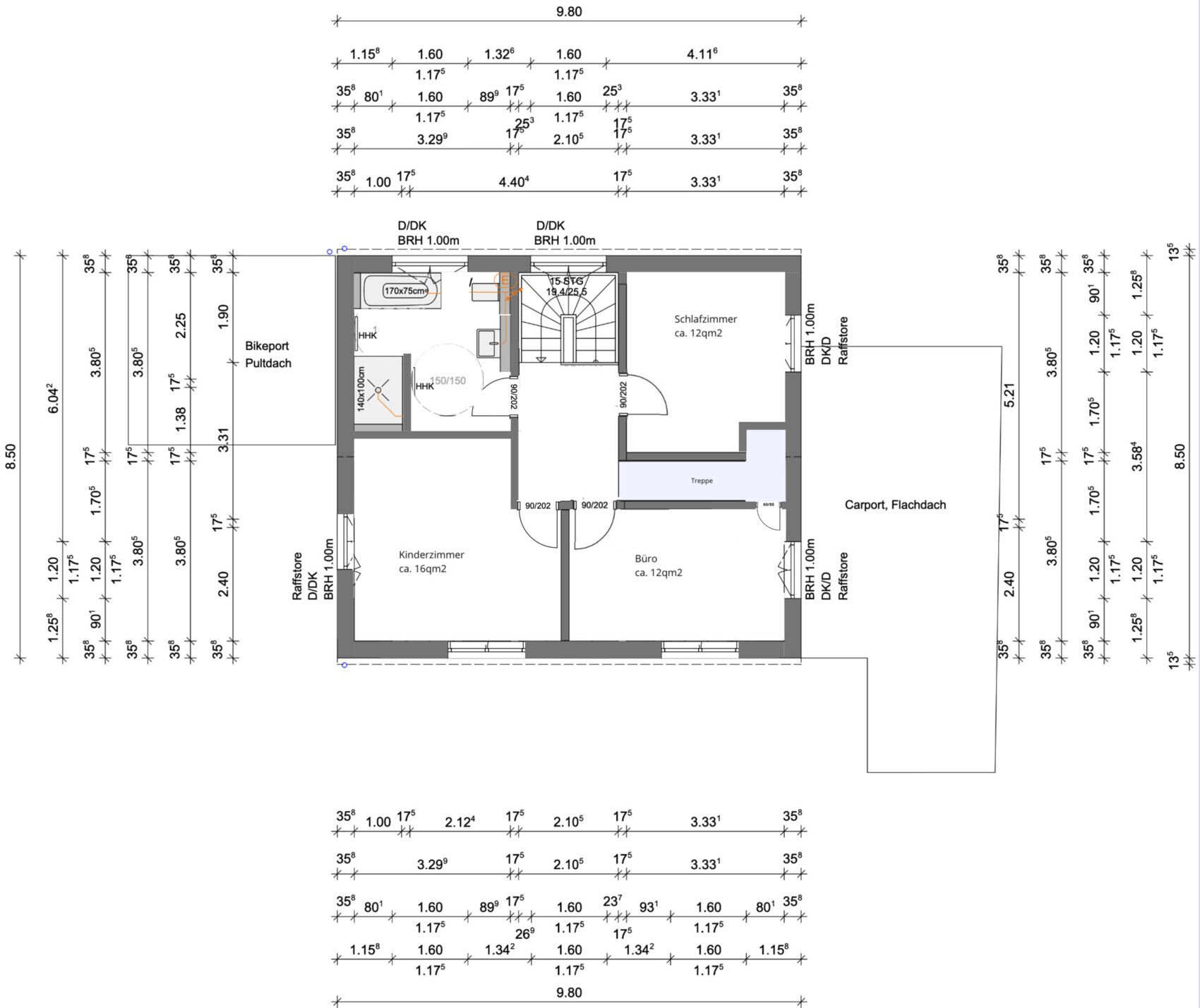 Floor plan of a house with carport, shed and flat roof, bedroom, children’s room, office, and staircase.