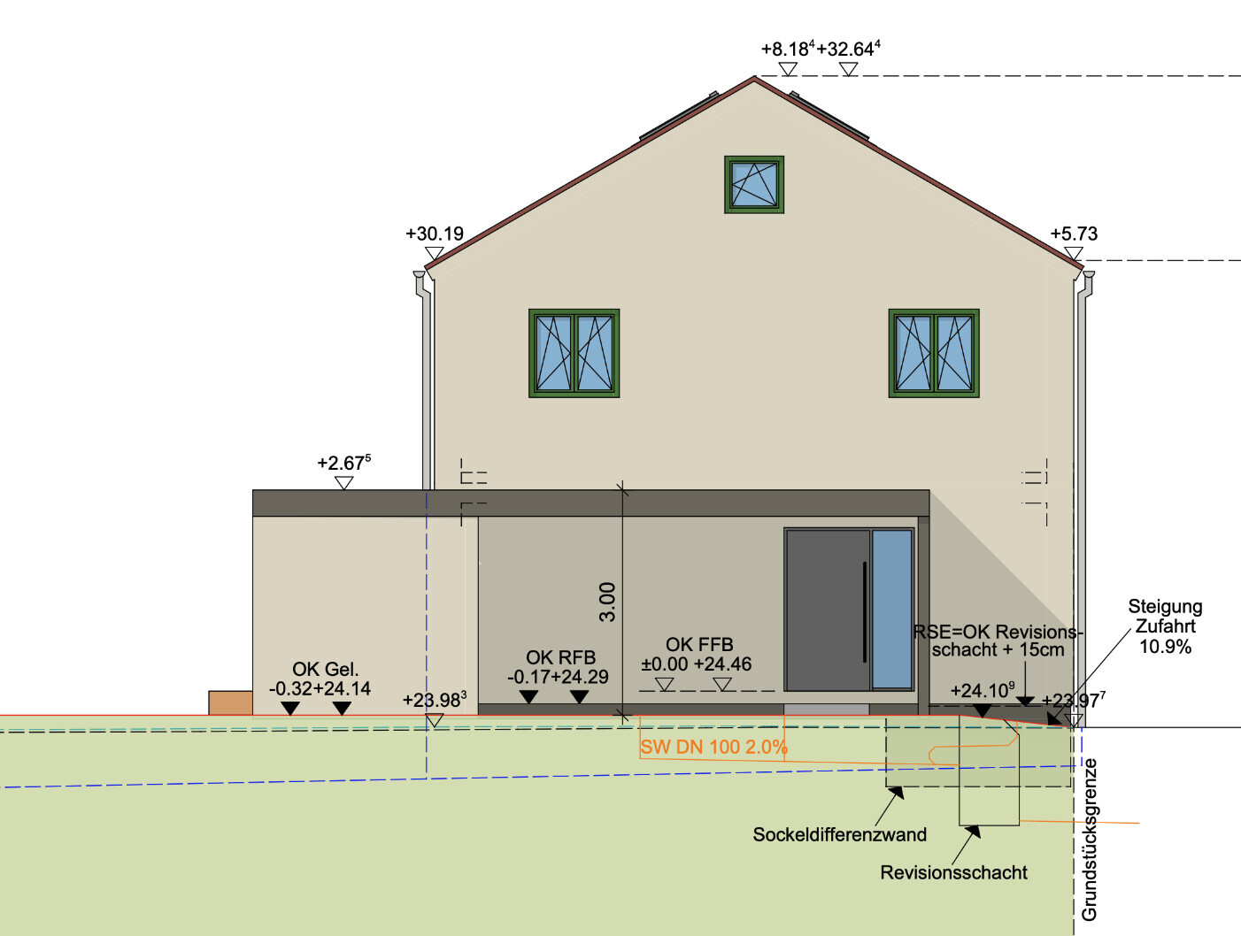Side elevation drawing of a house with extension, basement, and height details.