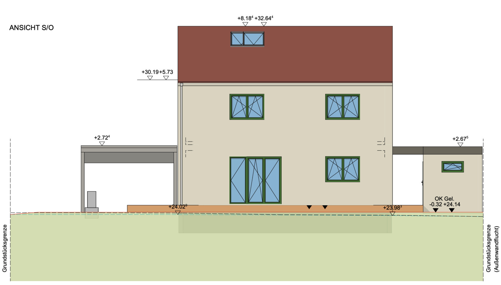 Southeast view of a two-story house with red roof, beige walls, and garage on the left.