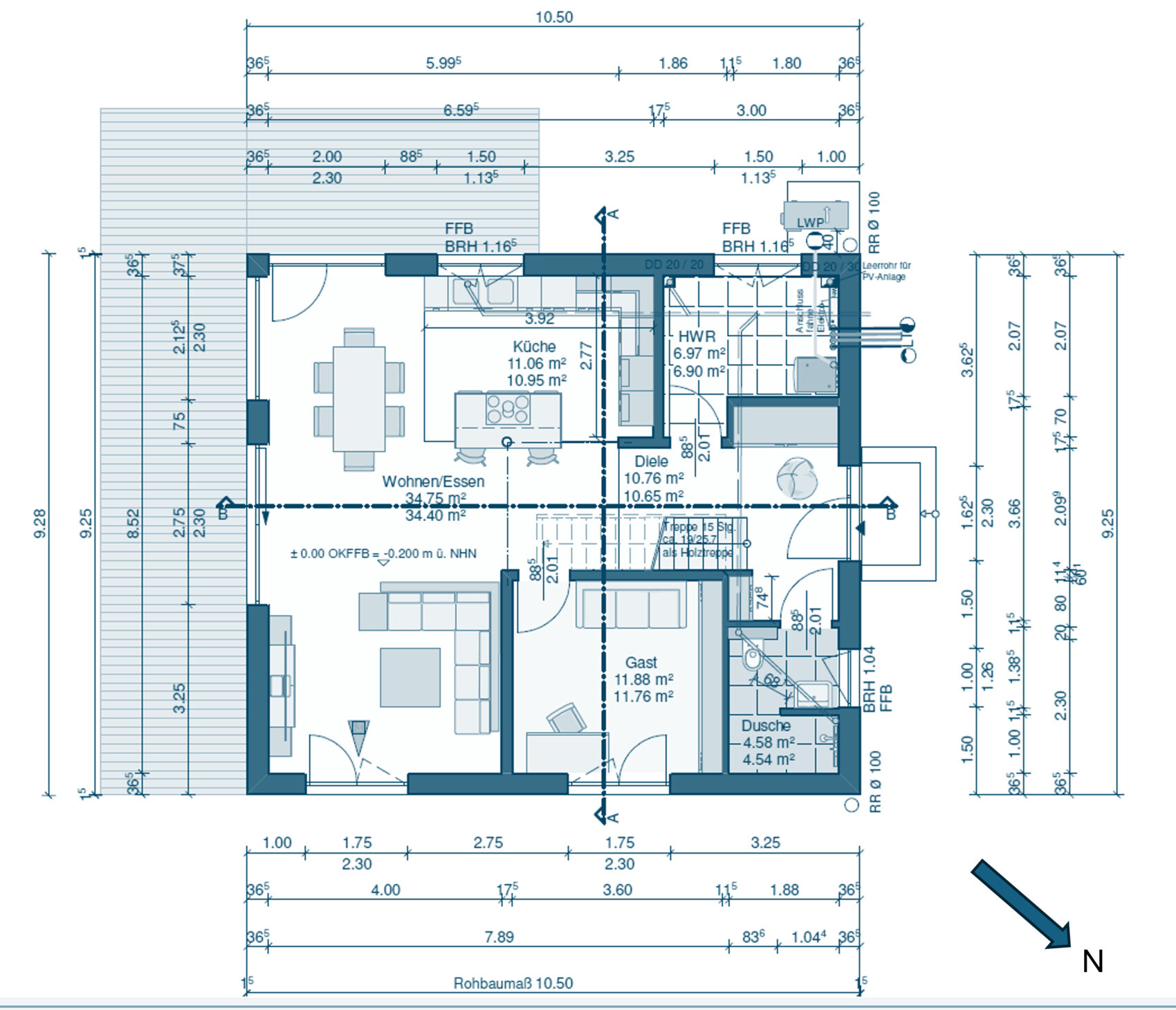 Blue floor plan of a house with kitchen, living/dining, guest, hallway, bathroom; north arrow bottom right.