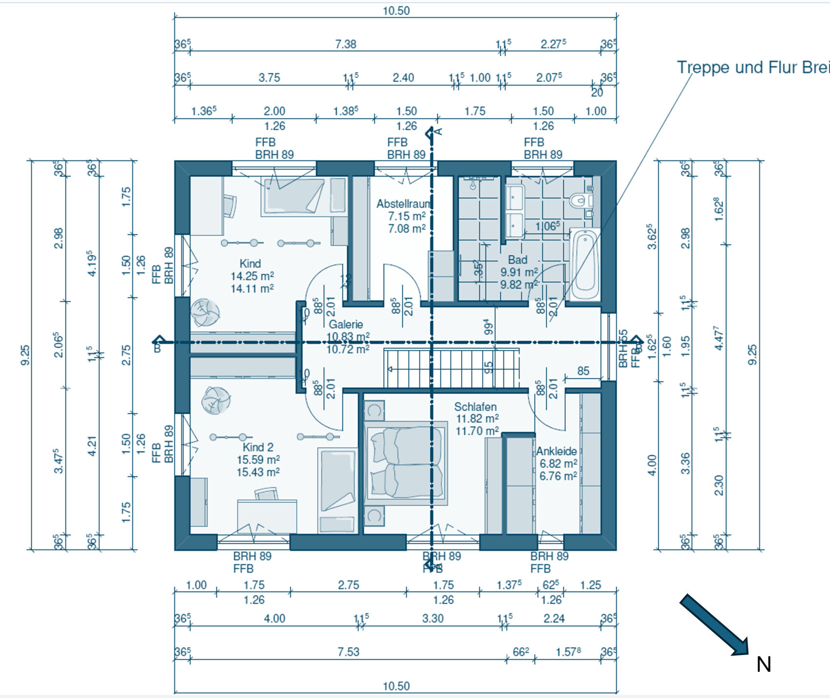Floor plan upper floor: bedroom, 2 children’s rooms, storage room, gallery, bathroom, dressing room, staircase/hallway.
