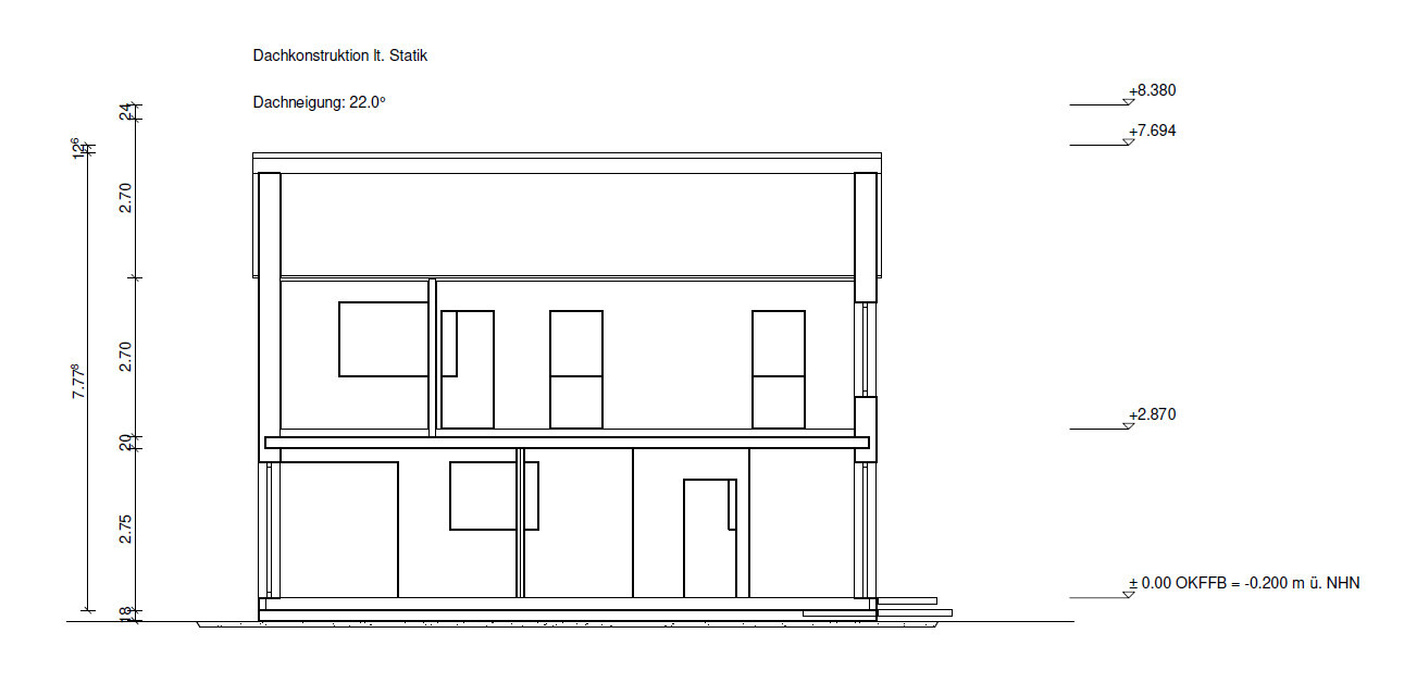 Section through a multi-story residential building with interior rooms and 22° roof pitch.