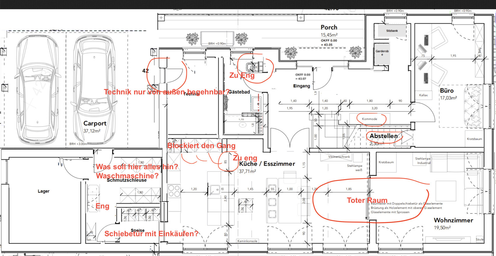 Grundriss eines Hauses: Carport, Küche/Esszimmer, Wohnzimmer, Büro, Eingang, Porch; rote Engpässe.