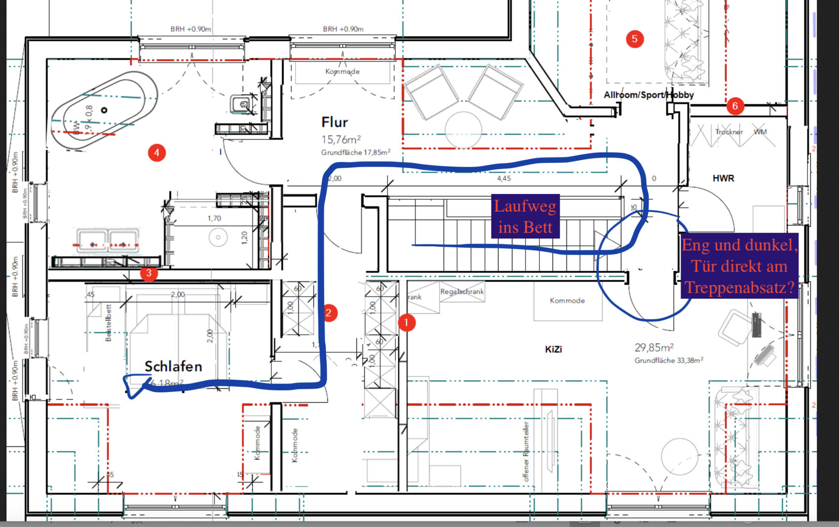 Grundriss eines Wohnplans mit blauem Laufweg ins Bett; Bereiche Schlafen, Kinderzimmer, Flur.