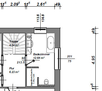 2D floor plan of a house with stairs, hallway, and bathroom