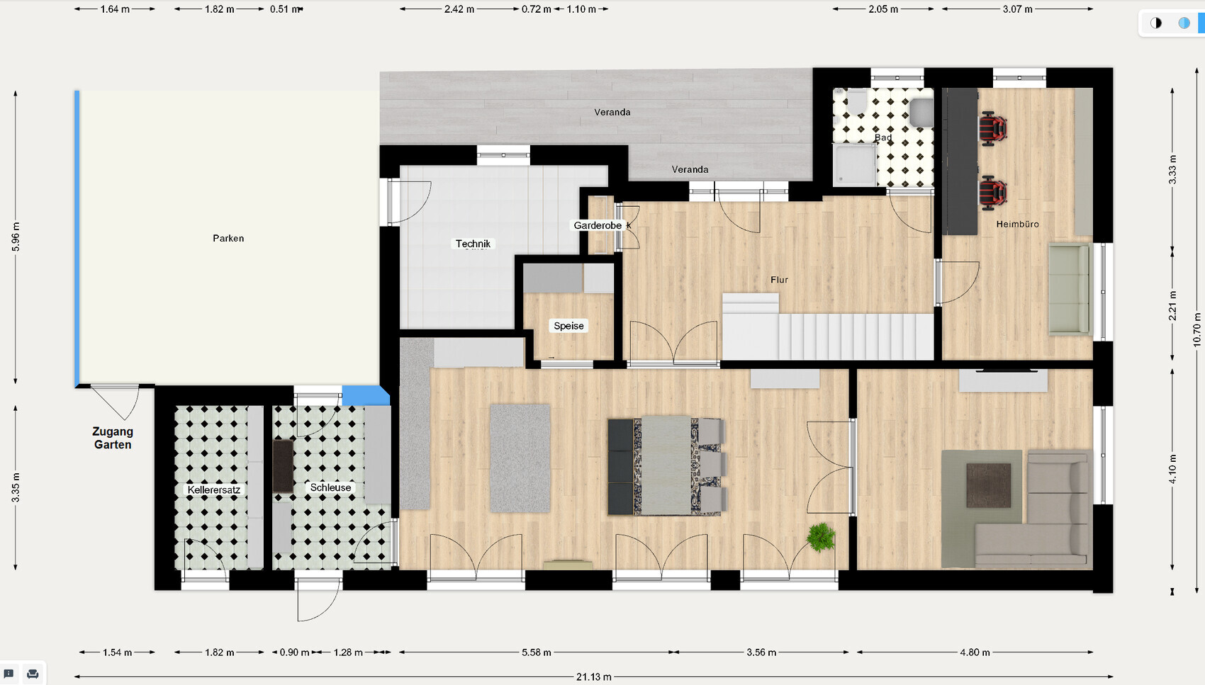 Detailed floor plan of a house with veranda, entrance, kitchen, living room, and office.