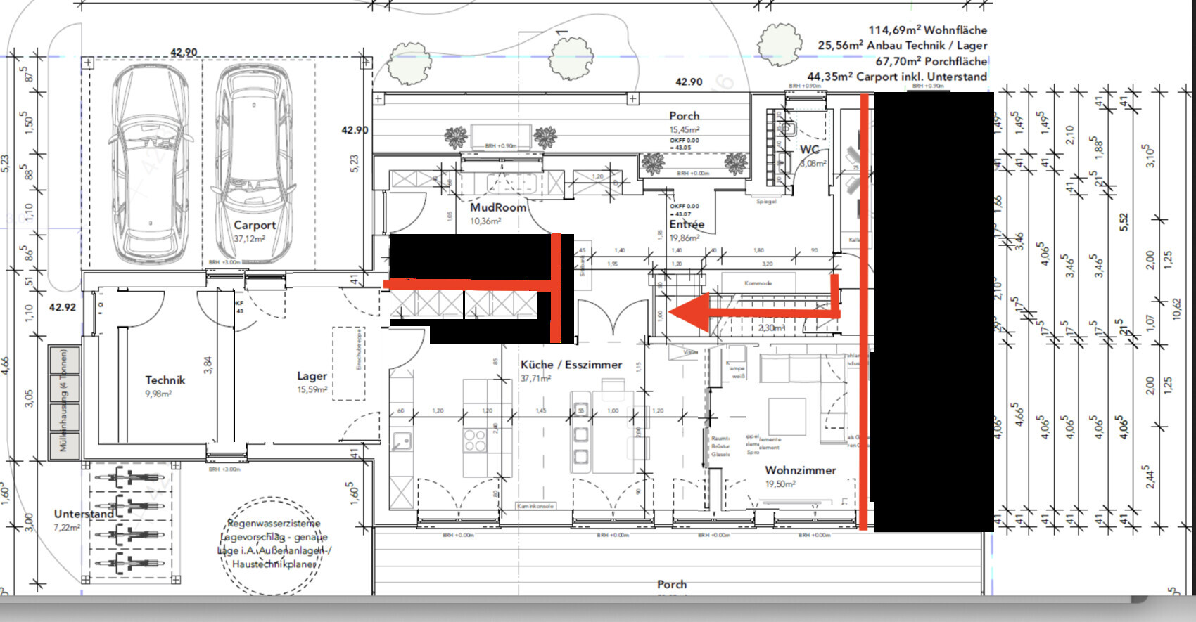 Floor plan of a house with carport; red marking leads through kitchen/dining area into the hallway.