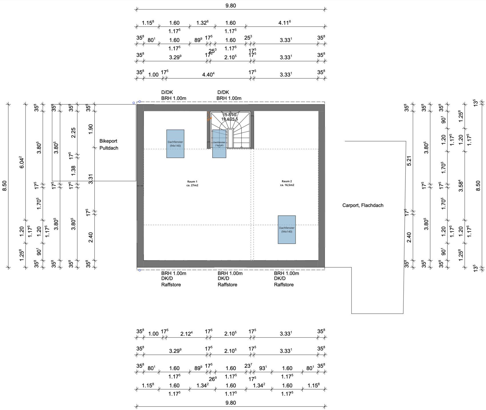 Floor plan of a building: two rooms (27m2 (290 sq ft) and 16.5m2 (178 sq ft)), staircase, roof window, carport.
