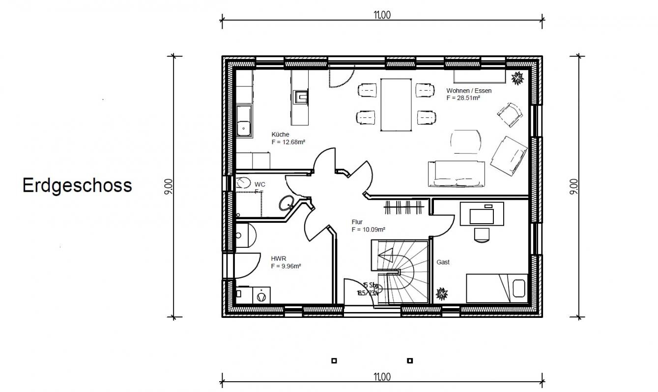Ground floor floor plan of a house with kitchen, WC, utility room, hallway, guest room, and living area.
