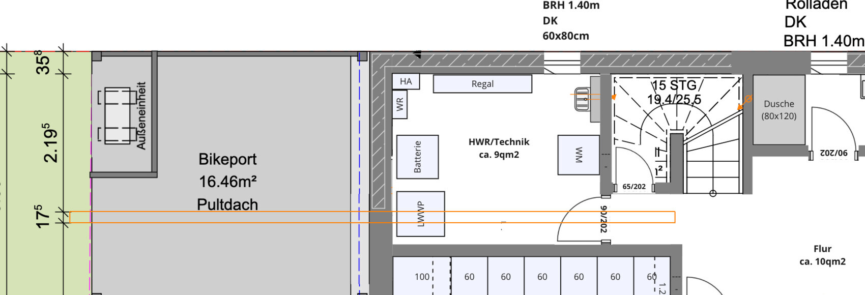 Floor plan: Bikeport 16.46 m² (177 ft²) with mono-pitched roof, utility/technical room 9 m² (97 ft²), hallway and shower.
