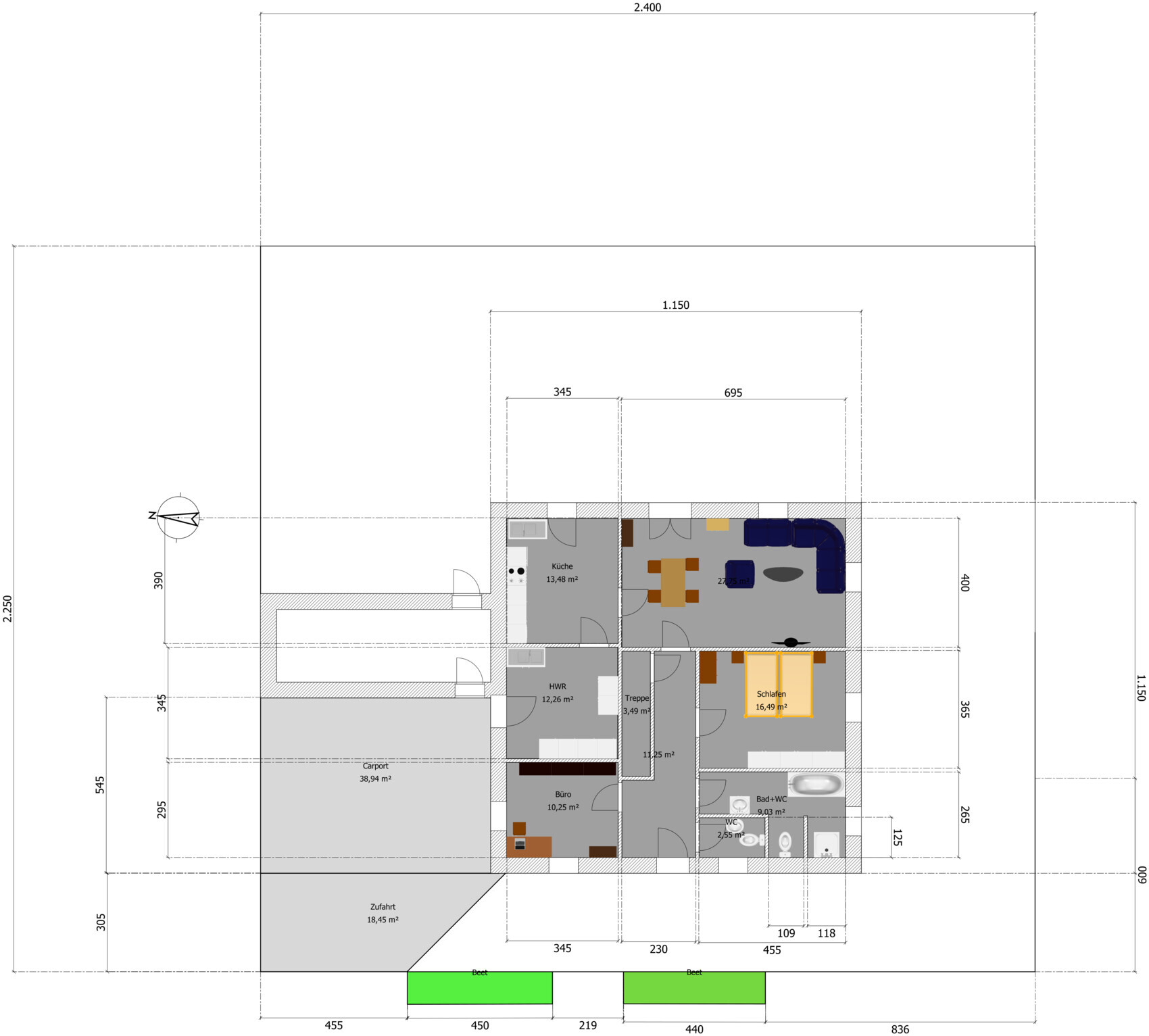 Floor plan of a house with kitchen, living room, bedroom, bathroom and staircase